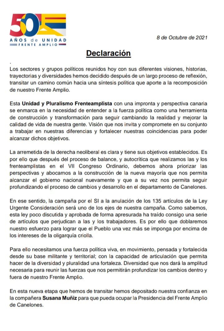 CasaGrandeCan's tweet photo. Manifestamos nuestro apoyo a la compañera Susana Muñiz como candidata a la Presidencia de la Departamental Canelones del Frente Amplio 
La construcción colectiva es el Frente Amplio! https://t.co/uoy9BCBfgE