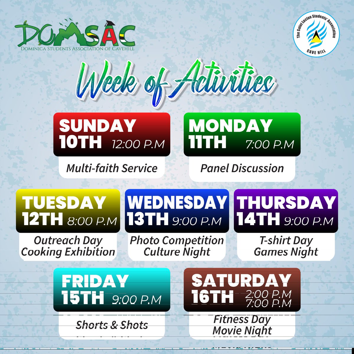 In unity there is strength! DOMSAC🇩🇲 and LUSAC 🇱🇨 joins to bring you a week filled of fun and culture!
We encourage you to support but most of all come have fun with us!💃🏾🎬
The most amazing part is that all the activities are virtual so you literally have no excuse to miss this!