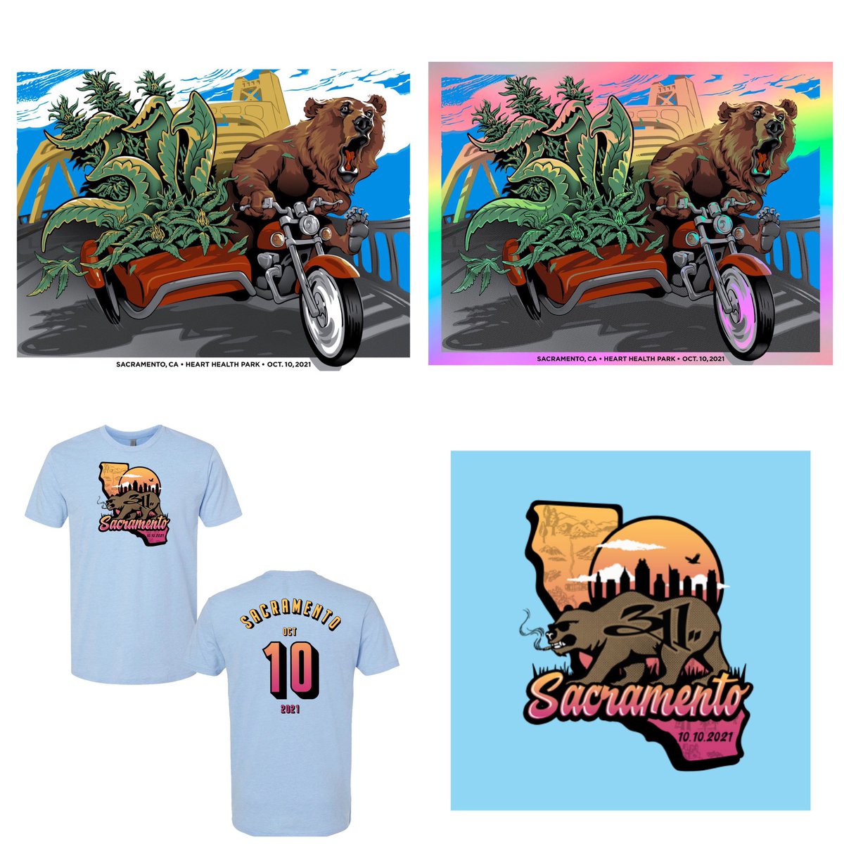 the311store's tweet photo. Sacramento event merch reveal! Awesome poster art by @f4dstudios @natedino! Regs numbered out of 113. Foils out of 60 with 30 available at the stand. 

Event tee and sticker art by Garett Watt. 

#311merch #gigposter #gigposters #natedino https://t.co/Pwo9FHk44b