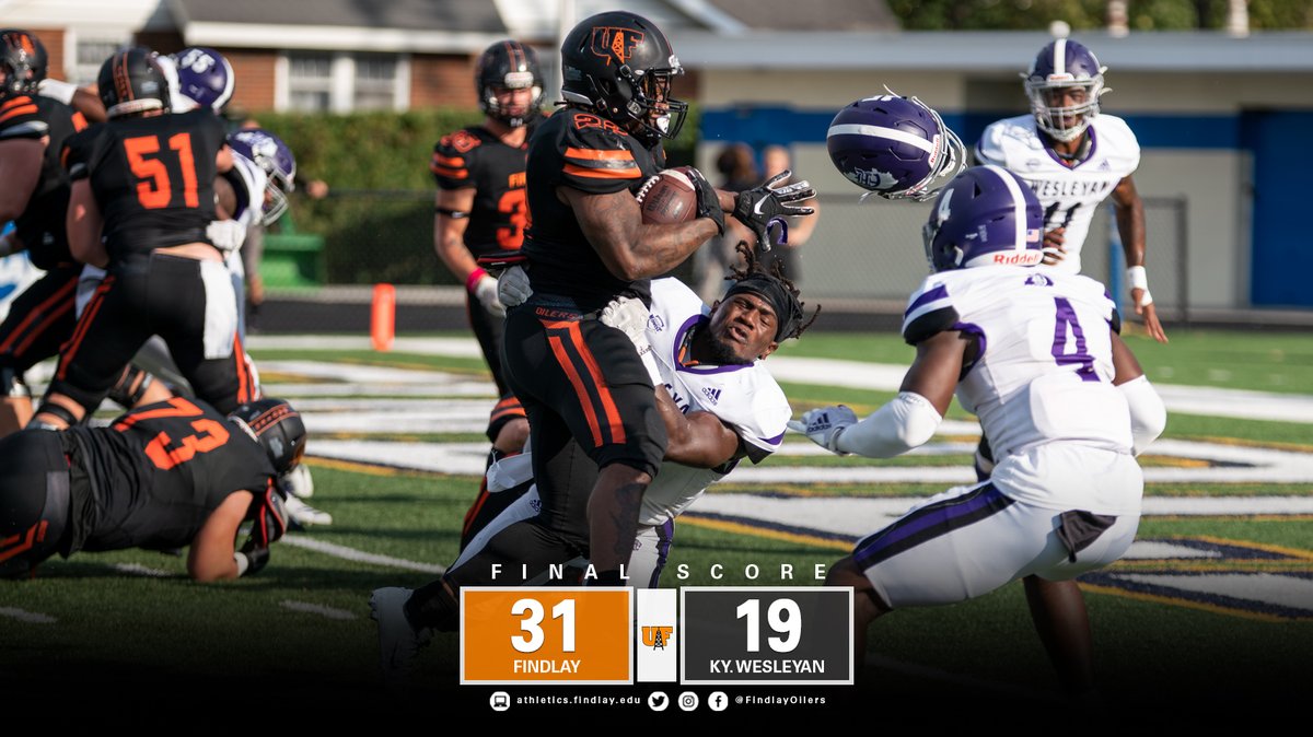 Findlay ran all over Kentucky Wesleyan today in a 31-19 Homecoming Day victory. As a team, the Oilers had 240 rushing yards and Josh Booker (pictured) had three rushing touchdowns, including this PHYSICAL TD in the second quarter.😤

🏈:athletics.findlay.edu/x/c33ec