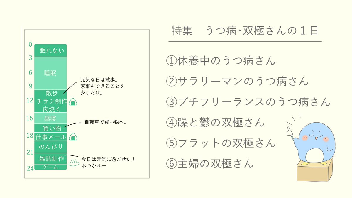 やびー うつ病マンガ メンタルヘルス雑誌 笑う門には福来る メンタルヘルス情報 いろんな当事者の工夫 ほんわか4コマ漫画など 闘病するための情報やつながりを 優しい気持ちで作ります イラストや余白多めで すらすら読めますよー T