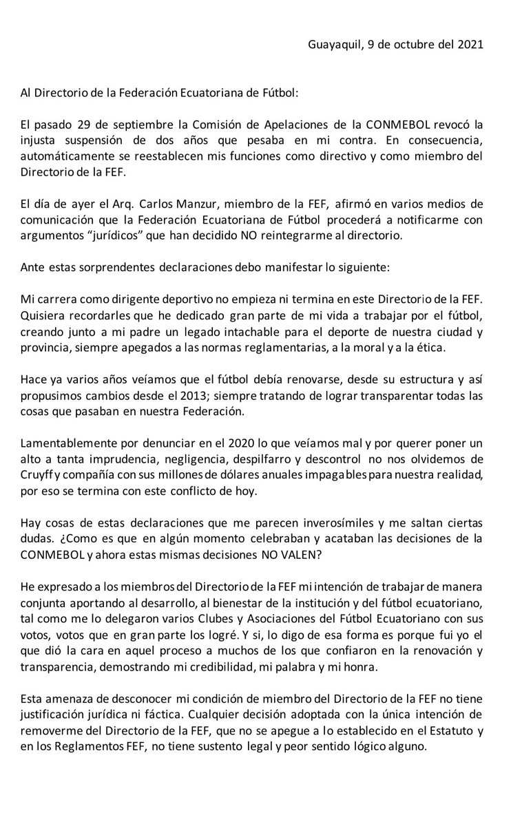 JaimeEstradaM's tweet photo. Al Directorio de la Federación Ecuatoriana de Fútbol.
Hoy debemos estar enfocados en los encuentros deportivos de la Selección, que es lo único que le interesa a millones de Ecuatorianos, no en posturas conflictivas que no tiene argumentos jurídicos. https://t.co/HLTwrOhhhJ