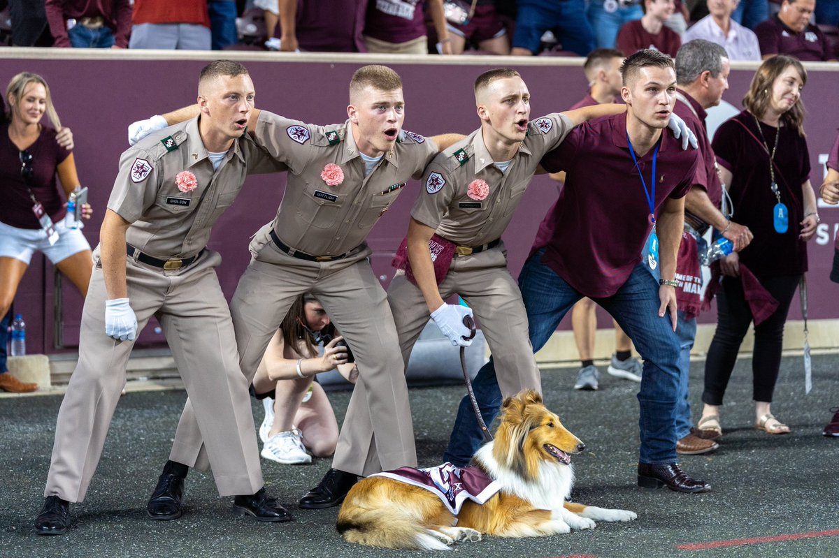 reveille's tweet photo. Did you know that my Lucas isn’t the only member of his family to be mascot corporal? His older brother, Jacob (in maroon), was handler for my best friend Reveille IX! ☺️ https://t.co/6ynwtOpq45
