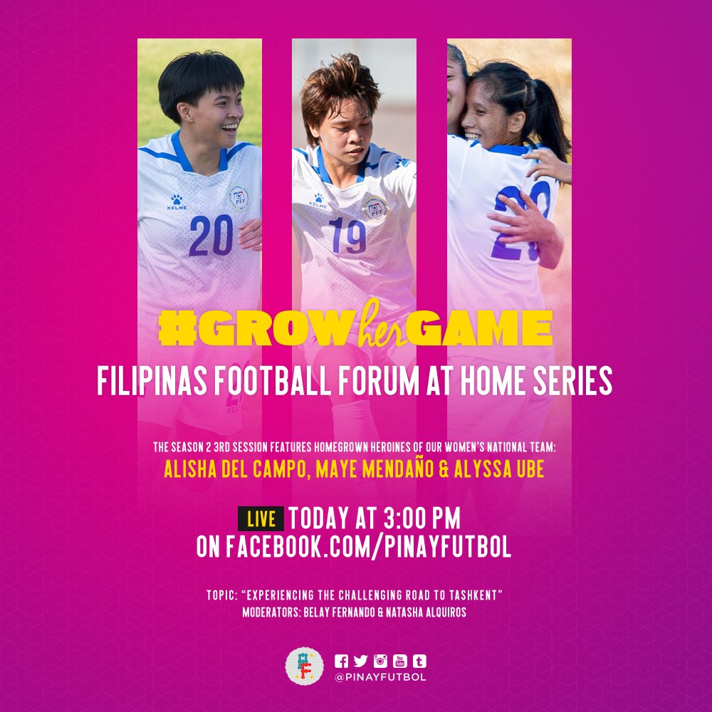 PinayFutbol's tweet photo. For some members of the @PilipinasWNFT, the road to #WACQ in Uzbekistan was a harder one as the pandemic forced unusual circumstances.
Join us later today at 3PM as @dlsufootball's @_shaidelcampo @rocellemendano & @upwft's @AJUofficial tell us all about it.
#GrowHerGame https://t.co/rVBJi1TNkS