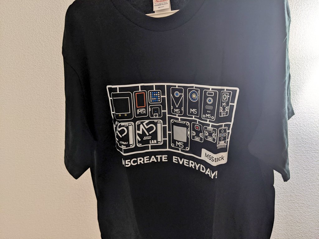 GomiHgy's tweet photo. コンテスト参加賞のM5StackTシャツ届いた。
今までのプロダクトがまとまっていて、かつ最近出たUnitCAMの組み立てイメージを踏襲していてかっこいいしプロダクトは全てDIY Kitなんだって感じが出てて良い。

#M5Stack_contest_2021 運営者の方々お疲れ様でした&amp;ありがとうございました。 https://t.co/JmiobJyJ7l
