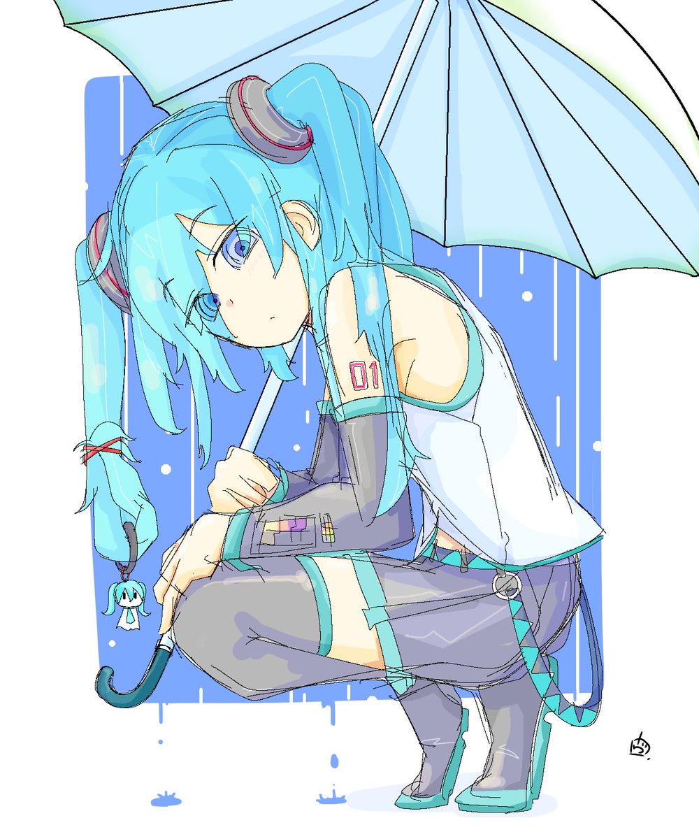 hatsune miku squatting umbrella twintails skirt long hair tattoo shirt  illustration images