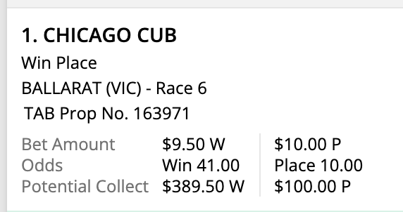 benbarren's tweet photo. @TRGMikeWood I've #sundaysidebet on a horse that is highest odds #BallaratR6 and came last in its most recent outing. hasn't won for 18 months but in this class it's won 2 from 3. 25% win rate at distance. placed T&D, 2nd up, 2nd fastest avg speed $41 #ChicagoCub https://t.co/BHIBB3bEW3