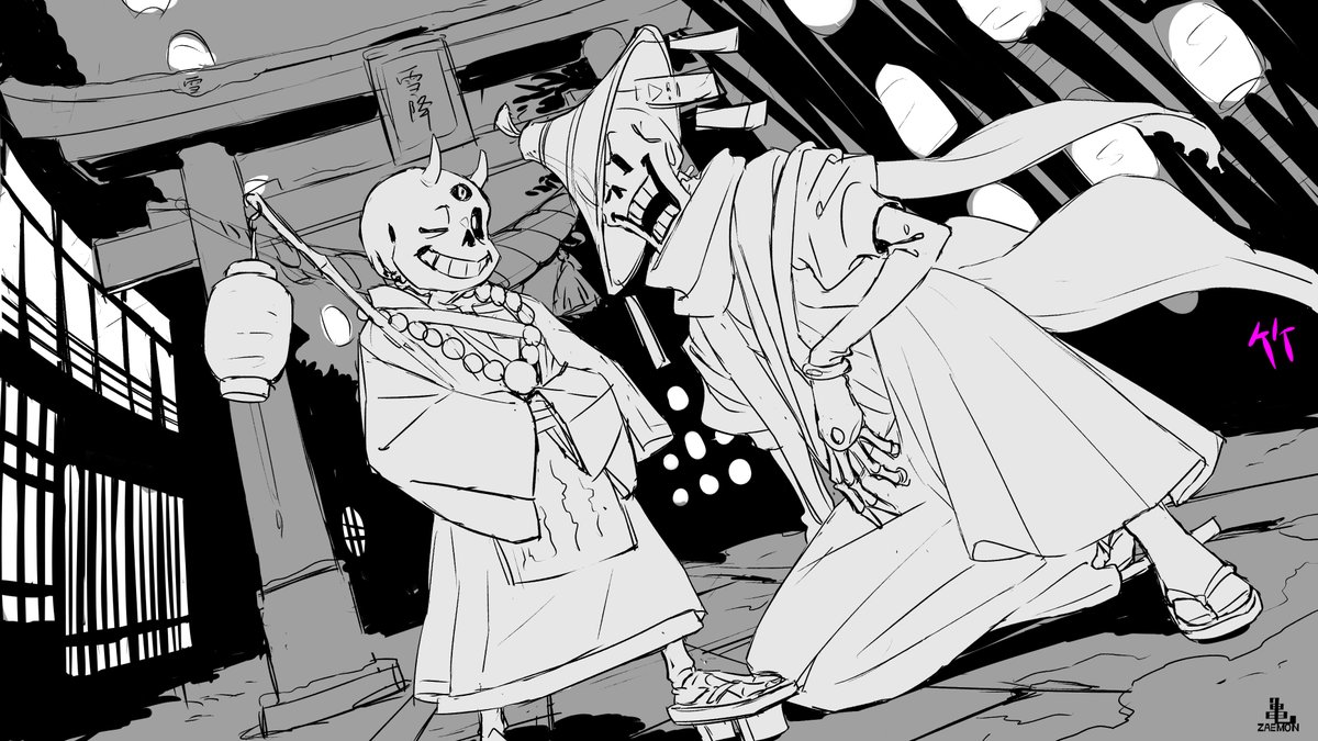 makkigans's tweet photo. #undertale 
妖怪風骨兄弟　工程
ラフ・下絵・線画・黒ベタ
Piroshiki(ぴろしき)さんによる To The Bone和風アレンジのイメージイラストです。 https://t.co/BBcpgHSAjj