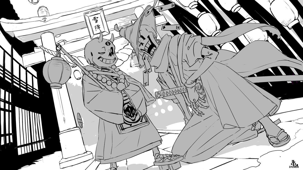 makkigans's tweet photo. #undertale 
妖怪風骨兄弟　工程
ラフ・下絵・線画・黒ベタ
Piroshiki(ぴろしき)さんによる To The Bone和風アレンジのイメージイラストです。 https://t.co/BBcpgHSAjj