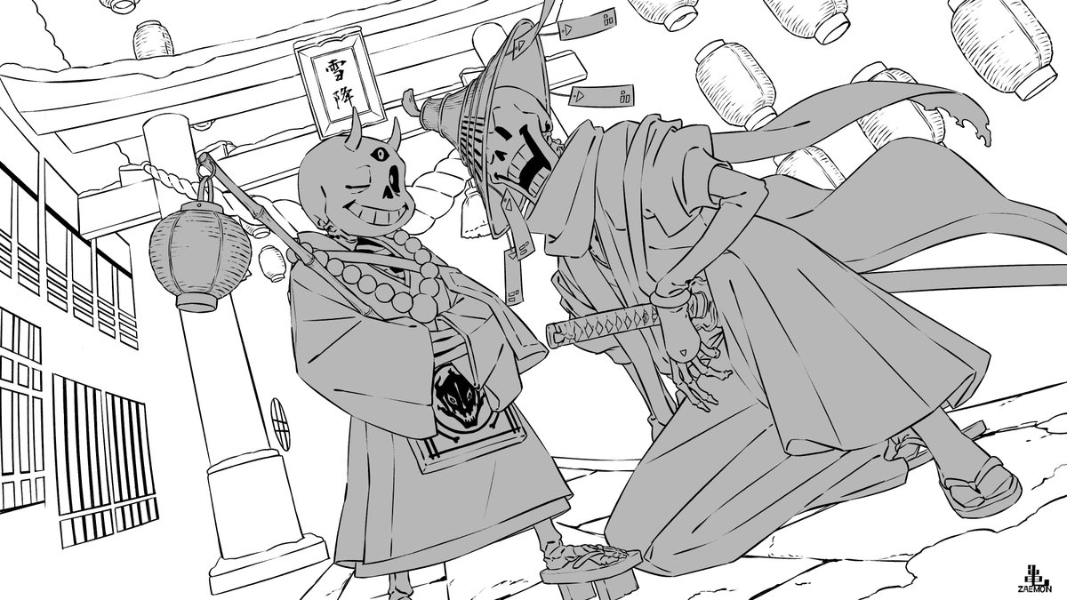 makkigans's tweet photo. #undertale 
妖怪風骨兄弟　工程
ラフ・下絵・線画・黒ベタ
Piroshiki(ぴろしき)さんによる To The Bone和風アレンジのイメージイラストです。 https://t.co/BBcpgHSAjj