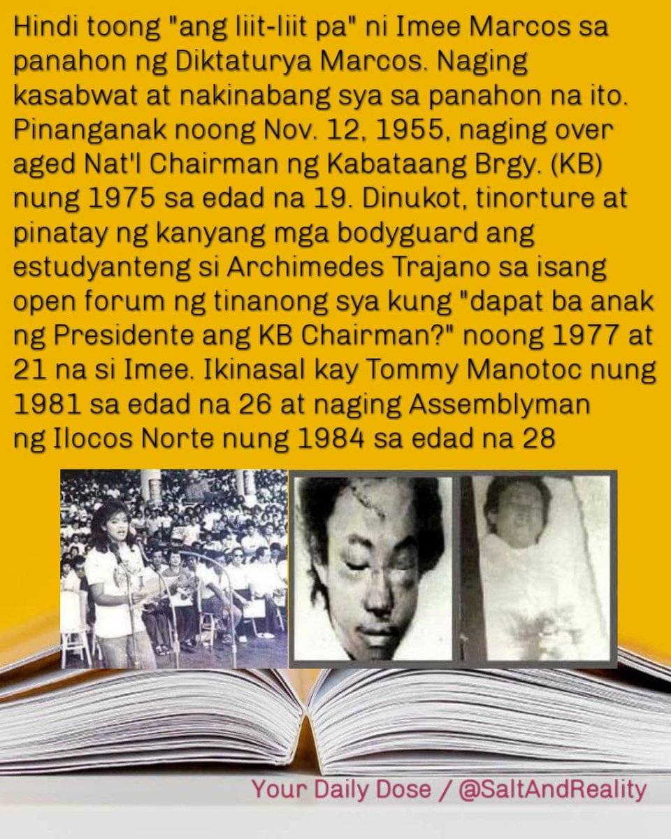 SaltAndReality's tweet photo. Hindi na "ang liit lit pa" ni Imee Marcos nung Panahon ng Diktaturya. Pinanganak Nov. 12, 1955, naging over aged Nat'l Chair ng Kabataang Brgy nung '75 at sa isang open forum dinukot at pinatay ng kanyang mga bodyguard si Archimedes Trajano nung '77 . Naging Assemlyman noong 1984 https://t.co/OeY0q6wItx