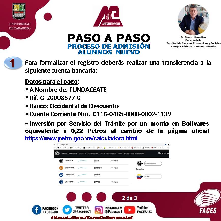 facesuc1's tweet photo. 🚨Atención 🚨

La Facultad de Ciencias Económicas y Sociales de la UC informa: 

📍Paso a Paso del Proceso Administrativo de Inscripción Alumnos Nuevo Ingreso del Periodo Lectivo 1S-2022, Campus Bárbula y Campus La Morita.

Dr. Benito Hamidian
Decano https://t.co/vX0qVf24iC