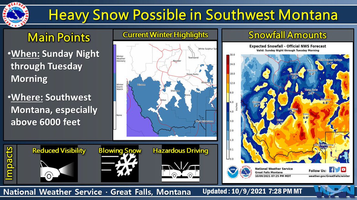 NWSGreatFalls's tweet photo. The first significant snowfall of the season is possible across Southwest Montana starting Sunday night and continuing into Tuesday Morning.
Blowing snow may reduce visibility at times, and icy / snowy roads will cause hazardous driving.
Stay tuned for updates!
#MTwx #MTsnow https://t.co/f2gnlUUC6e
