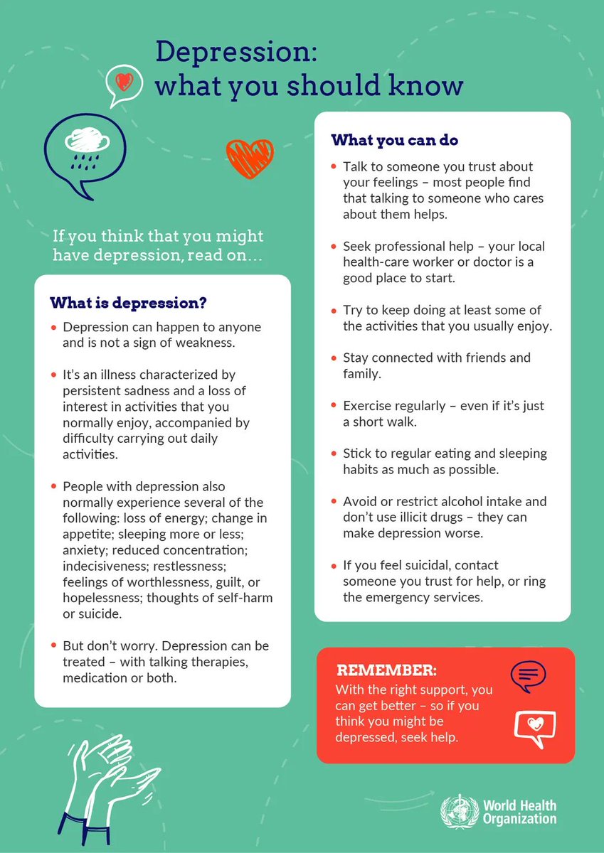 Today is #WorldMentalHealthDay 

COVID-19 has had a major impact on people’s mental health.
If you feel depressed, here’s what you can do :
💚 talk to someone you trust about how you feel
💚 seek professional help
💚 try to keep up with activities that you normally enjoy