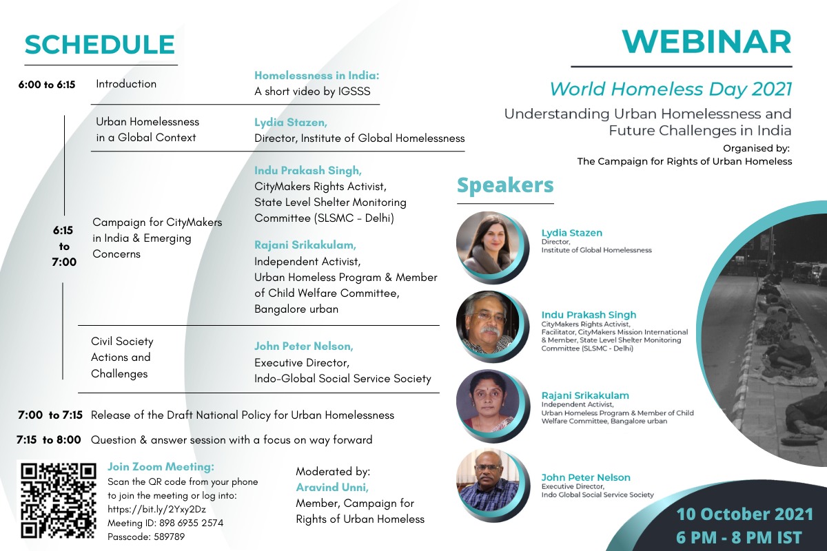 aravindunni23's tweet photo. The Campaign for Rights of Urban Homeless is inviting you to participate in a webinar commemorating 'World Homeless Day' where the collective will release a policy framework for the urban homeless in India. Today on Sunday, 10th October 2021 from 6pmIST. Join Us. https://t.co/j5lxvEHdpp