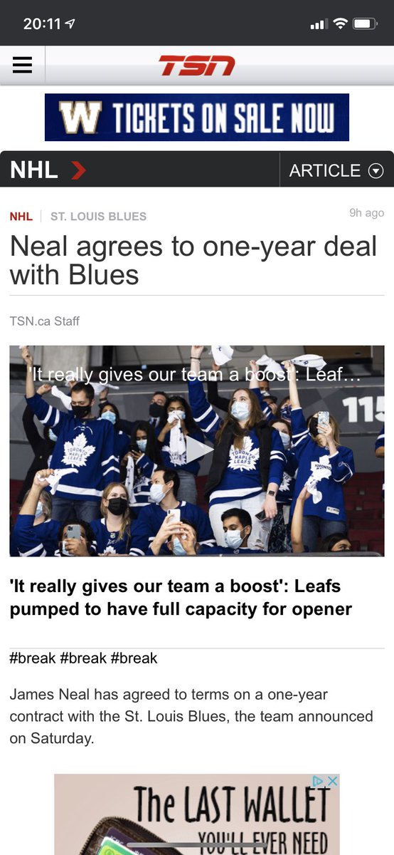 cooperdan's tweet image. So James Neal signs with the blues and @TSN_Sports decides that Leafs fans in the rink would be more important to Neal @TSN_Parody