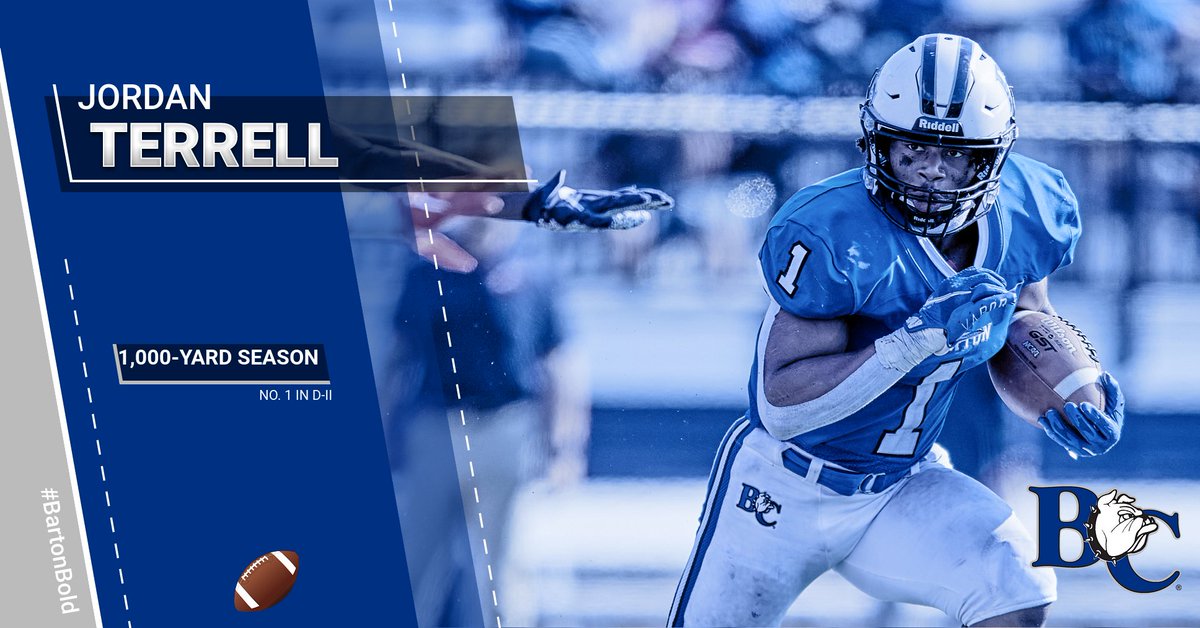 BartonAthletics's tweet photo. 1K ALL THE WAY! . With 135 yards rushing today against Mars Hill, redshirt freshman Jordan Terrell crossed the 1,000-yard mark on the season for the Bulldogs! . Terrell came into the day ranked No. 1 in @NCAADII in rushing and now has 1,071 yards on the year . @barton_fb https://t.co/bOsVeLThii