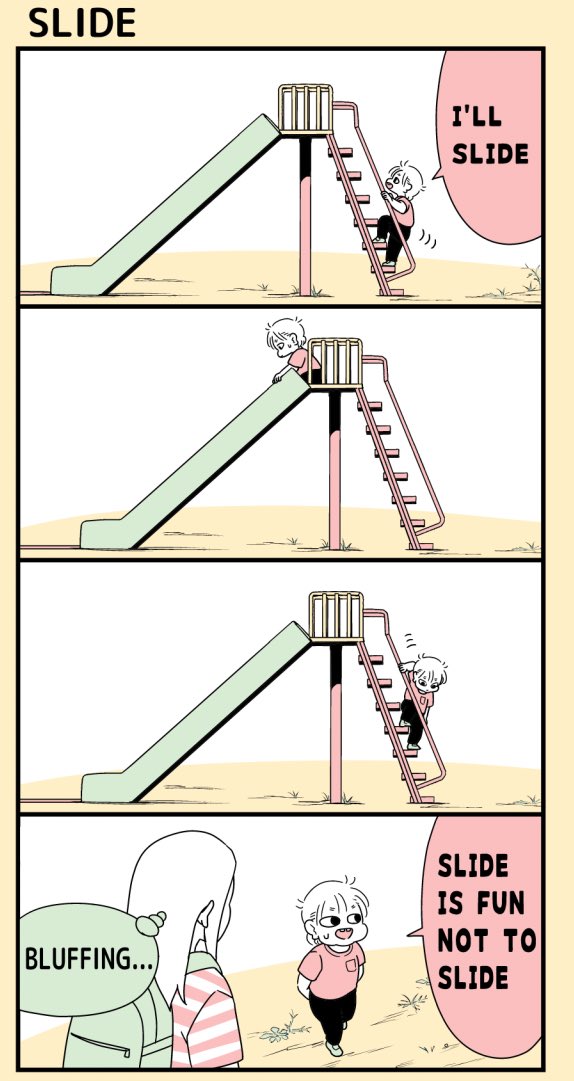 Lately, she's been like this.
#manga

最後は名詞扱いと動詞扱いでslide～slideで終わるとリズムがいいなと思ったのですが、downをつけないと不自然かしら… 