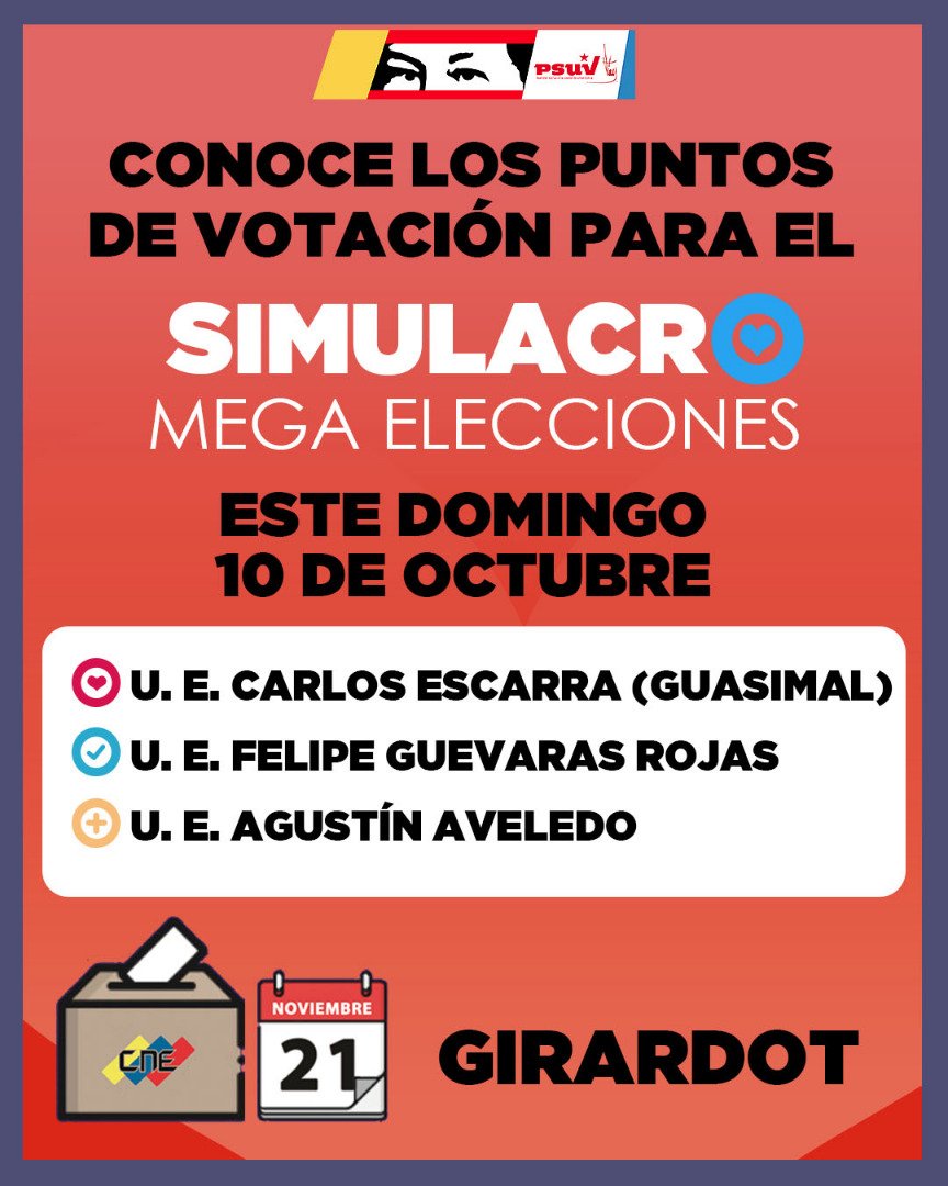 RafaelMaracay21's tweet photo. Mañana Domingo #10Oct quiero invitarlos a  participar en el Simulacro Electoral, rumbo a la Gran Victoria Popular este #21Nov estos son los 3 centros que se han activado en nuestro municipio #Girardot 💪
@dcabellor
@Soykarinacarpio
@PSUVoficial
@taniapsuv
 #MaracayTieneConQue https://t.co/GEc0Cum2dJ