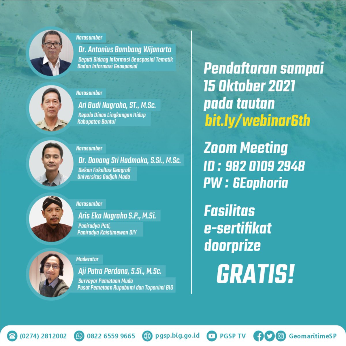 GeomaritimeSP's tweet photo. Menyambut 6eophoria HUT 6, PGSP mengadakan Webinar berjudul “Catatan Perjalanan Keistimewaan dan Kemaritiman Yogyakarta” yang akan diisi oleh narasumber dari Badan Informasi Geospasial (BIG), Dinas Lingkungan Hidup, Universitas Gadjah Mada (UGM), dan Paniradya Kaistimewaan DIY. https://t.co/HmoXUthkhq
