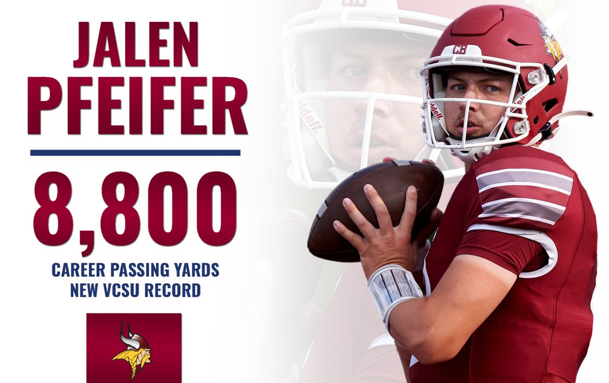 VCSUVikings's tweet photo. 🚨 SCHOOL RECORD 🚨
Jalen Pfeifer is the new all-time passing leader in VCSU history! 
Pfeifer surpassed Kurtis Walls (8,675 career yards) in the 3rd quarter of Saturday's game at Presentation College. #VCSUVikingPride https://t.co/fXuRGK1Rh8