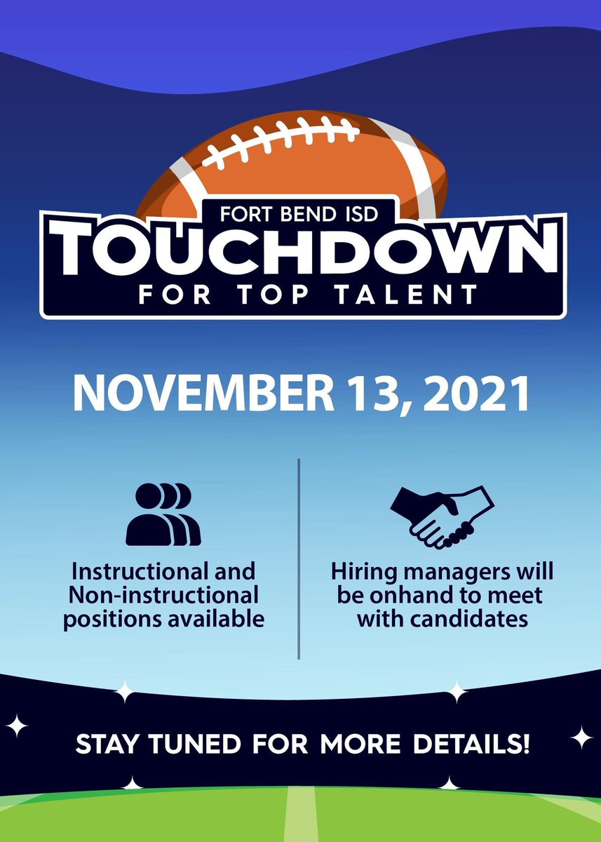 BangsteinRebeca's tweet photo. Register for Fort Bend ISD’s Touchdown Hiring Event. Registration is now open. 
https://t.co/KjqO6wlOao https://t.co/dzs3V3ysgF
