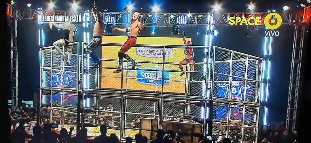 LaTijeraLucha's tweet photo. La lucha estelar de #HeroesInmortalesXIV es para #LaEmpresa, #DMTAzul, @PumaKingOficial y @RealSamAdonis acompañados por @lamasbonitacmll, luego de una intensa y sangrienta #LuchaEnJaula se imponen ante los #PsychoCircus, @Psychooriginal y @MurderClown1 quienes se ... https://t.co/4ap3fSumUI