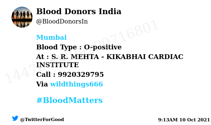BloodDonorsIn's tweet photo. #Mumbai
Need #Blood Type :  O-positive
Blood Component : Blood
Number of Units : 2
Primary Number : 9920329795
Patient : Hemant Chheda
Via: @wildthings666
#BloodMatters
Powered by Twitter https://t.co/INQ2X1XdAE