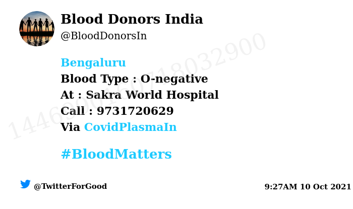 BloodDonorsIn's tweet photo. #Bengaluru
Need #Blood Type :  O-negative
Blood Component : Blood
Number of Units : 2
Primary Number : 9731720629
Via: @CovidPlasmaIn
#BloodMatters
Powered by Twitter https://t.co/n2Tbeod7hN