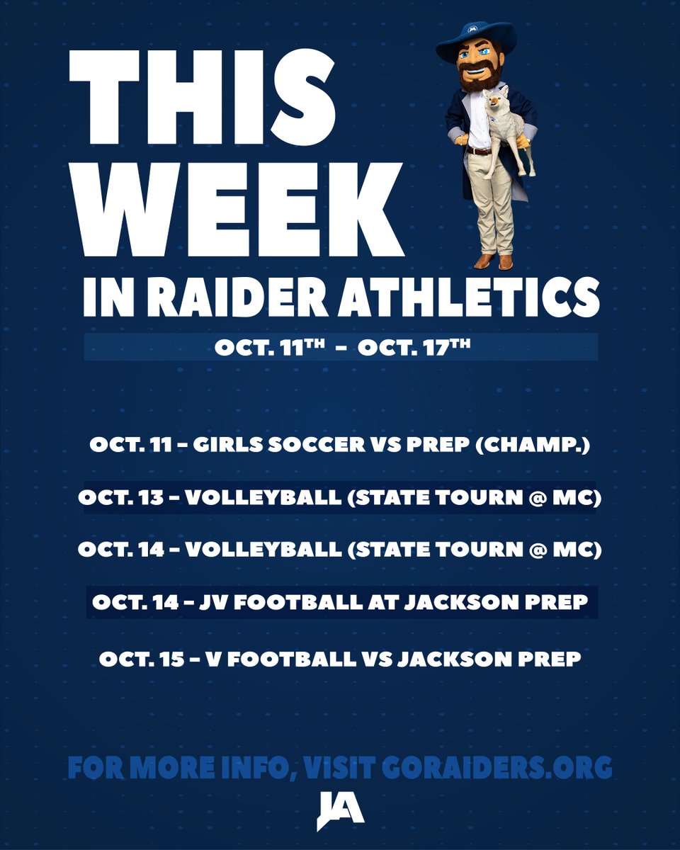 JARaiderSports's tweet photo. Here’s a quick glance at This Week in Raider Athletics. For full details head to
https://t.co/omXVwrMYPc
#WeAreJA
#TitleWeek https://t.co/PdrkIS50Qb