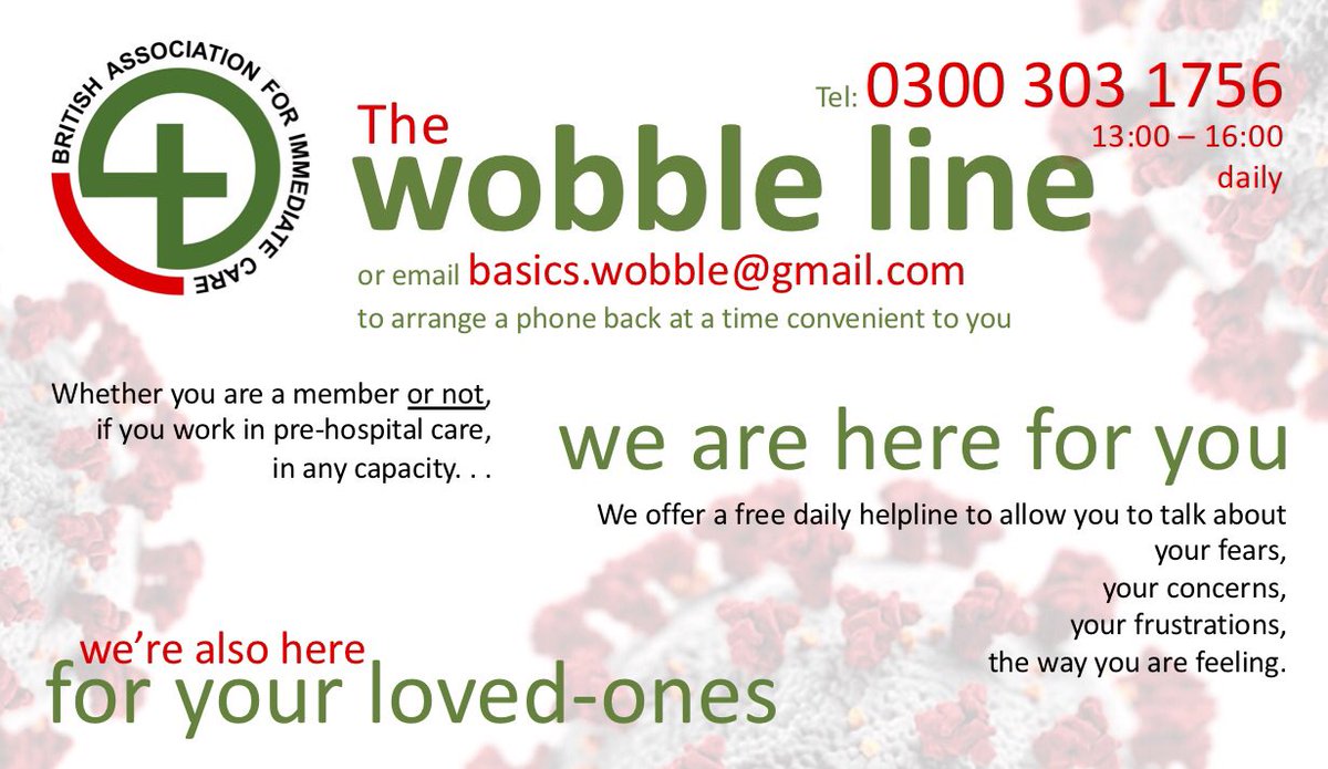 BASICS_HQ's tweet photo. Its #WorldMentalHealthDay & our #WobbleLine #WobbleMail remains available. Recognising the impending impact of covid on pre-hosp clinicians, and their families, the #Wobble line launched in the first week of the first lockdown & has remained available every day since then. https://t.co/37PoBCvQnN