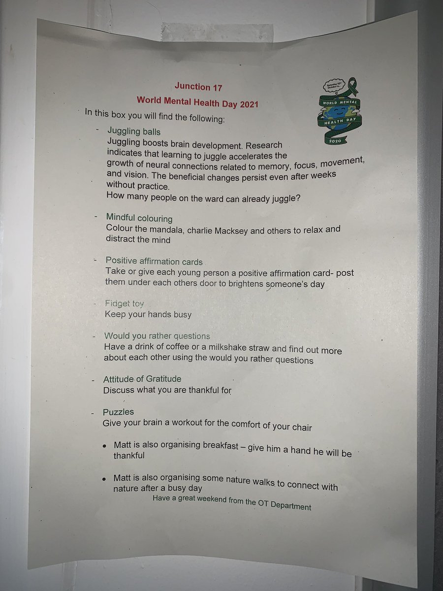 RMNlauren's tweet photo. World mental health day box spread around Griffin ward this morning for the ladies, including some coffee and questions for the mind💭💭 thanks to our lovely team in OT💗 #GreatToBeGriffin https://t.co/QSGSOfFD8Q