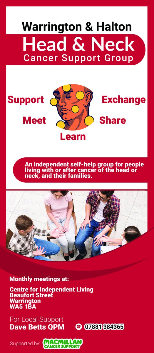 Warrington and Halton Head and Neck cancer support group will be meeting at 2.30pm on 28th October at the Centre for Independent Living, Beaufort Street Warrington. All living with or affected by Head and Neck cancer are welcome