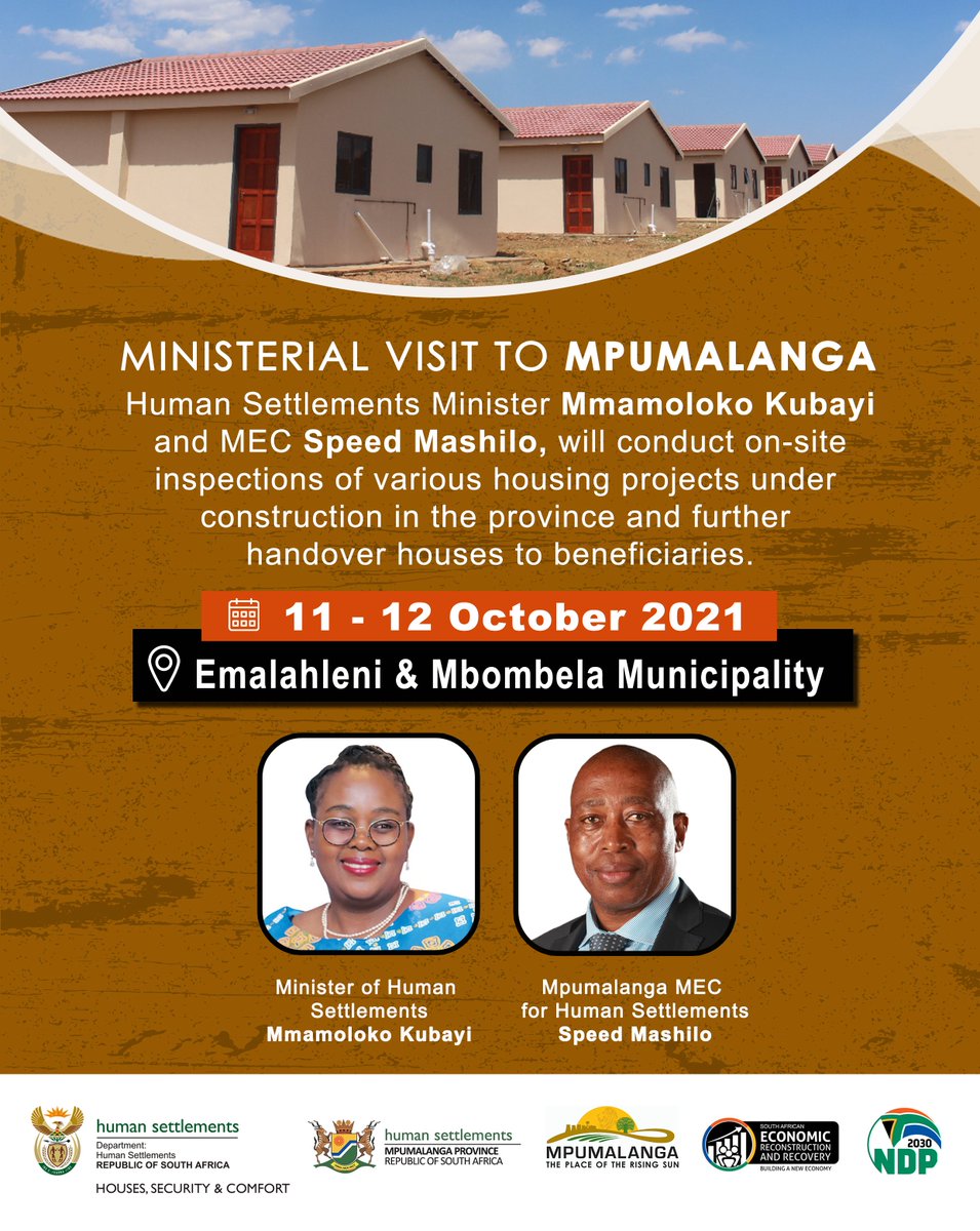 The_DHS's tweet photo. MEDIA ADVISORY
10 October 2021
MINISTER KUBAYI CONDUCTS HUMAN SETTLEMENTS PROJECT VISITS IN MPUMALAMGA
https://t.co/EIy2SKMupY
#MPMinisterialVisit #HousingtheNation #dhsprojectsvisits https://t.co/eF9RIKiLHJ