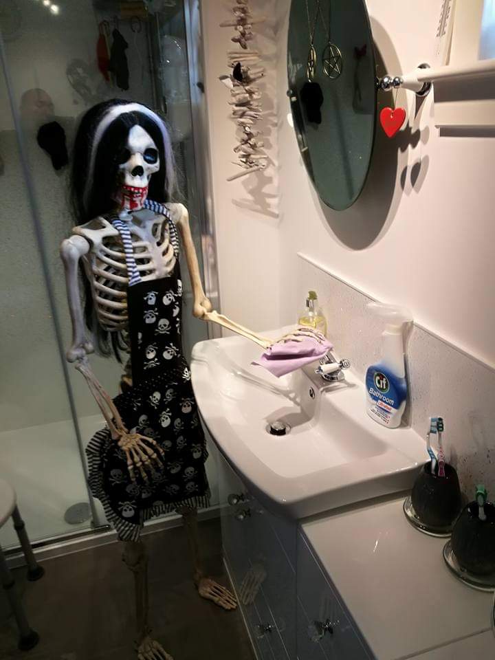 TracyLeeCook1's tweet photo. Getting help cleaning the bathrooms. ππβ€π§ββοΈ #skeleton #mrsbones #Halloween #magik #darkarts #castlecook #interiordesign #bathroomdecor https://t.co/W3SQXTOQOm