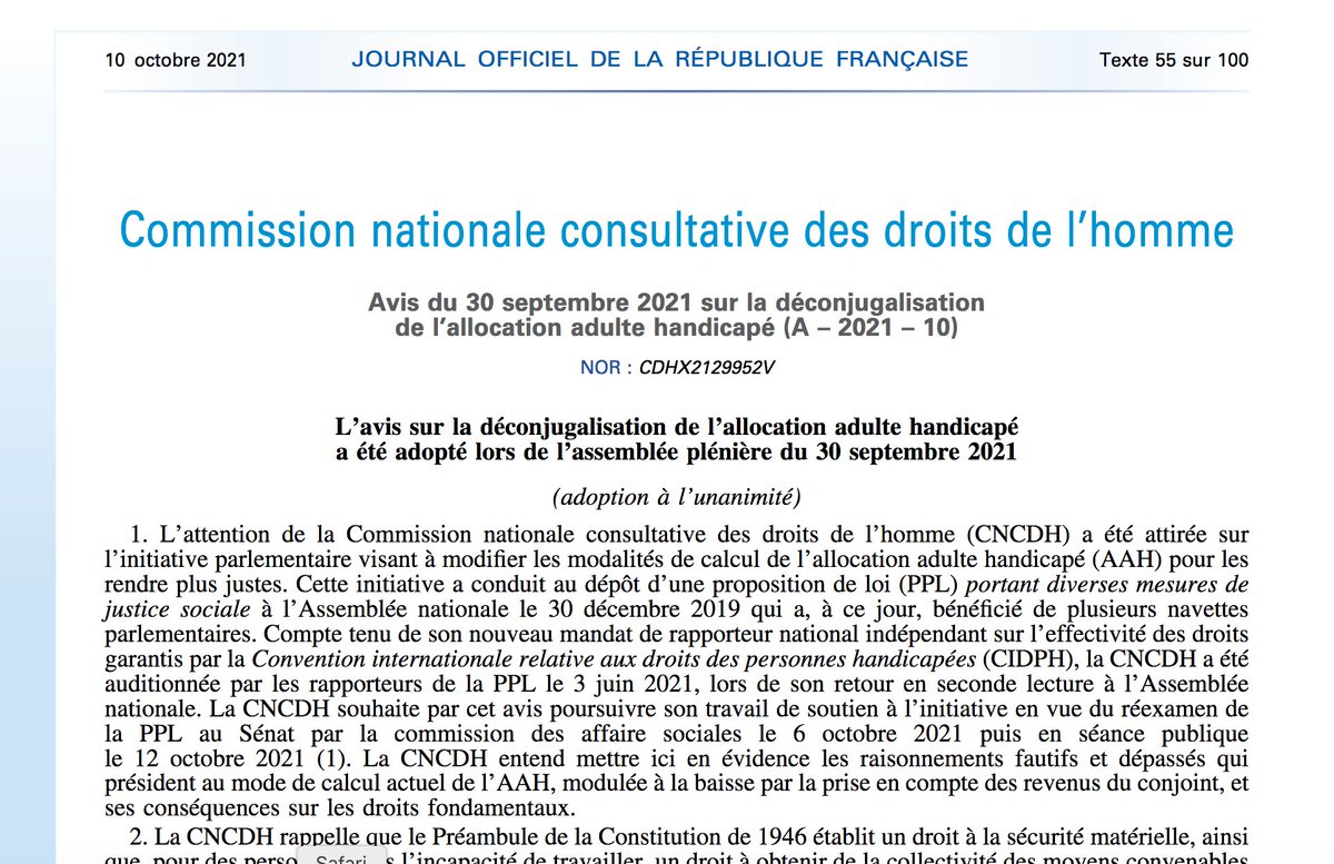 CNCDH's tweet photo. 📄#JORF 
L'Avis adopté à l'unanimité par la #CNCDH sur la déconjugalisation de l' Allocation Adulte Handicapé jeudi 30 septembre vient de paraître au Journal Officiel. 
#handicap #deconjugalisationAAH #AAH 
👉https://t.co/eeCWSFqFwh https://t.co/wVkRTZKyec