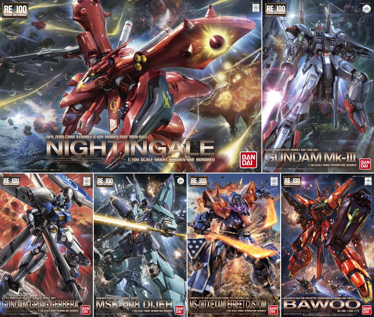2014年〜2019年に発売された「リボーンワンハンドレッド（RE/100）」のボックスアートその1です。ディジェはヤマモトヒロユキさん、その他は大谷勇太さんです。