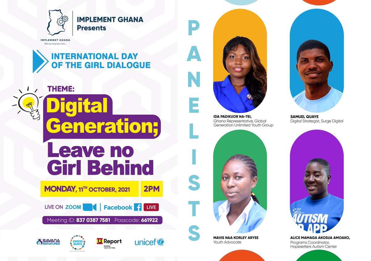 ImplementGhana's tweet photo. Tomorrow is #DayOfTheGirl!
And we at Implement Ghana are celebrating it with a dialogue on theme: "Digital Generation- Leave No Girl Behind.”
Do well to join us at 2pm tomorrow.
#ImplementGhana #GenerationEquality https://t.co/1ZueXnuBIi