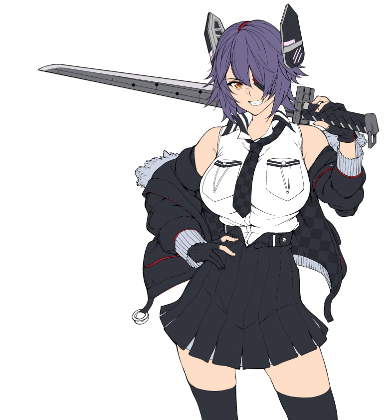 tenryuu (kancolle) 1girl solo weapon gloves necktie purple hair skirt  illustration images