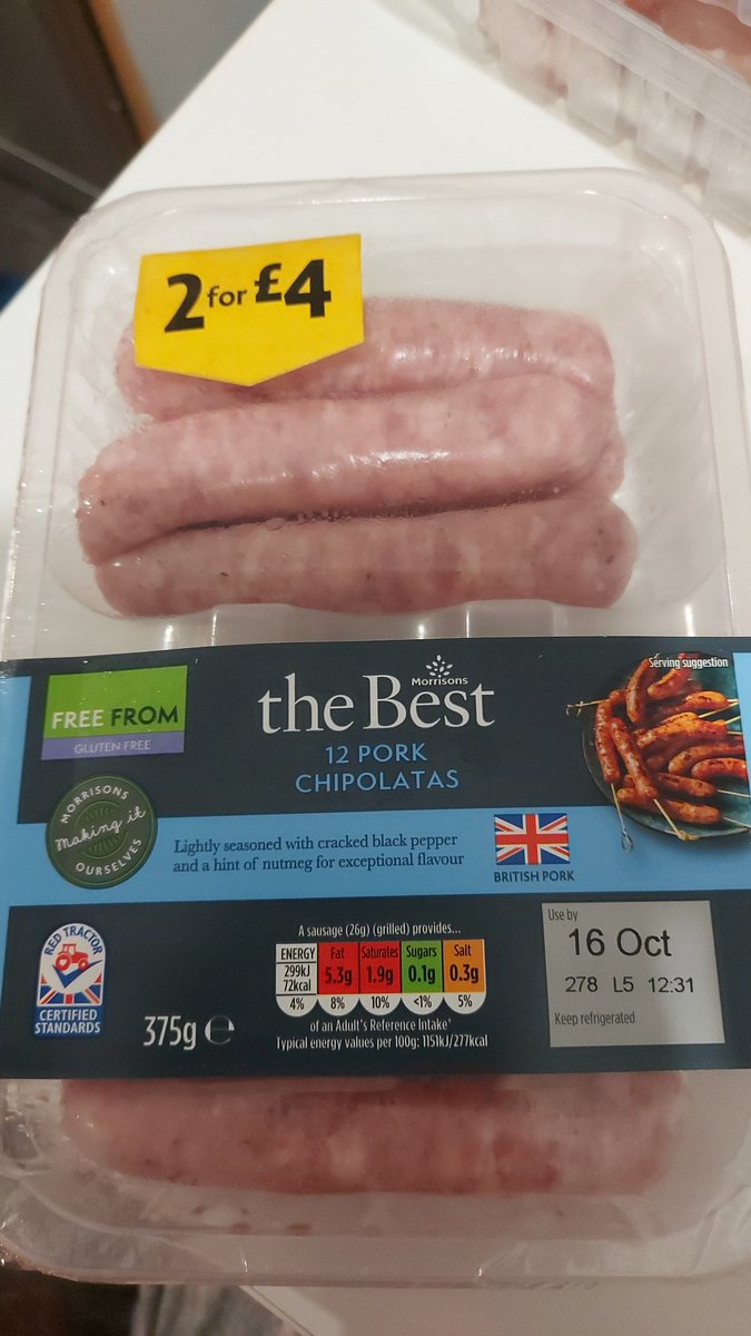 ZMageean's tweet photo. @Morrisons Why have changed the recipe with no warning on the pack? Luckily I checked! My baby is allergic to beef and these now state "filled in a natural sheep or beef collagen casing". So which is it? These are the ONLY sausages we've found to eat. Can you please clarify? https://t.co/lkLvE38VbE