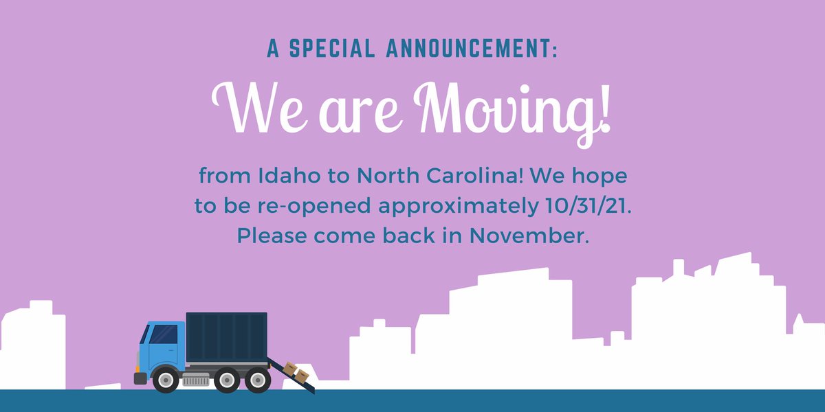 createdbychell's tweet photo. We are officially CLOSED until 10/31 or 11/1 so that we can move to Jacksonville, North Carolina 😁 we will be driving our Fur Babies out next weekend. Please check back in November to see what is new! #businessclosed #movingtonc #crosscountrymove https://t.co/5FaEYU4Utw