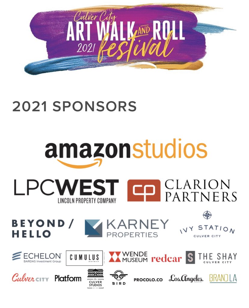 Great day @ the Arts District, tag us with your pics.

A huge #ThankYou to the sponsors of this year’s Culver City Art Walk &amp; Roll Festival. We appreciate your support!