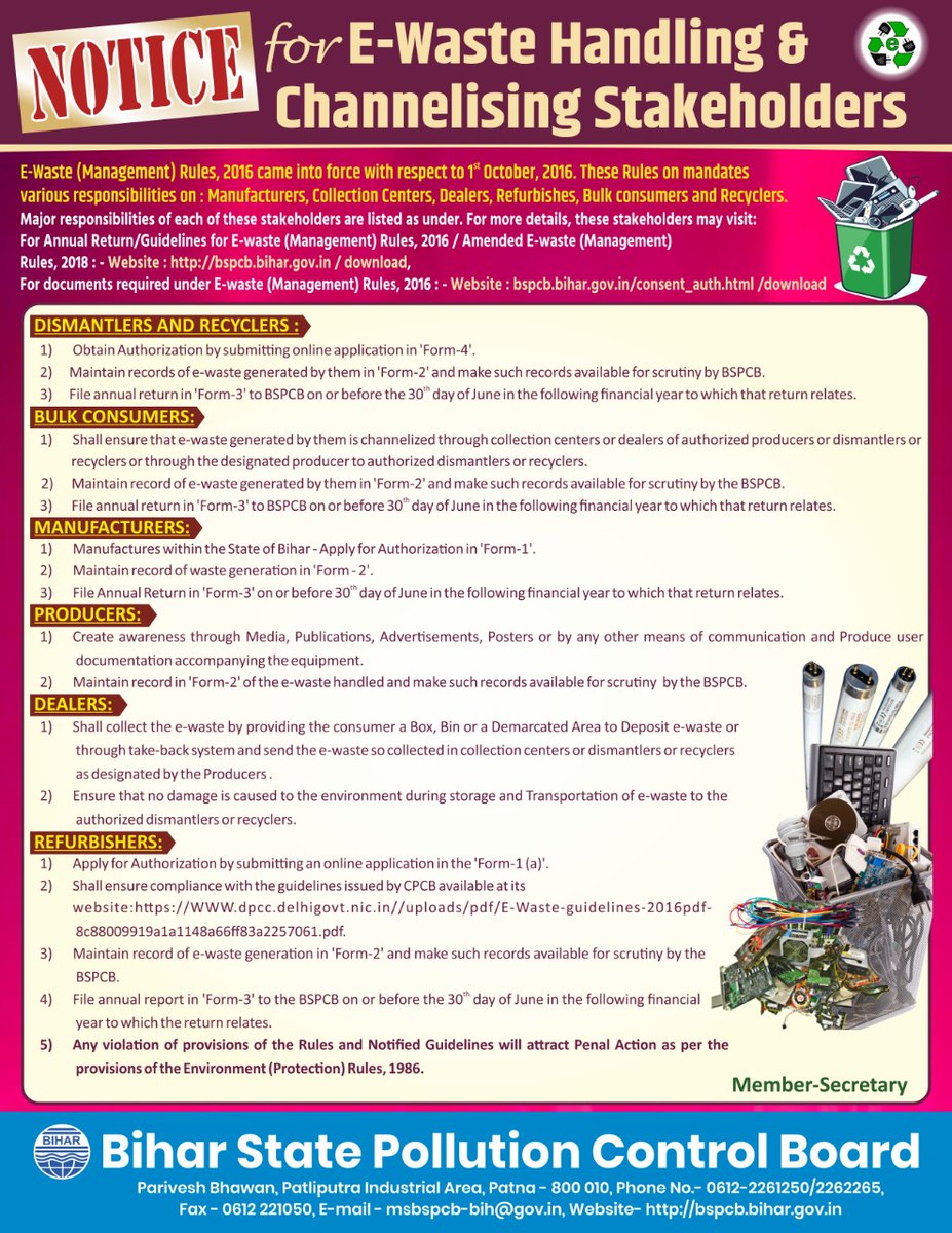 BSPCBOfficial's tweet photo. Bihar state #recyclers, #consumers, #manufacturers, #dealers, #refurbishers are requested to undergo the notice provided by #Bihar_state_pollution_control_board considering the E-waste handling and channelising the stakeholders.
#ewaste #ewasterecycling #ewastemanagement #BSPCB https://t.co/HOTEk7K6lQ