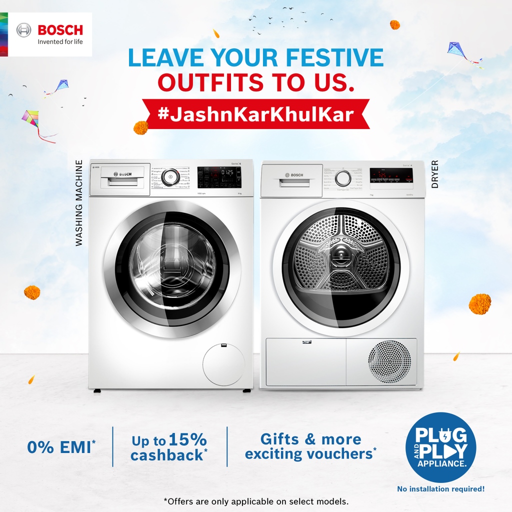 Ellendig Gasvormig Geniet BoschHomeIn on Twitter: "This festive season, leave your favorite outfits  to our care! Bring home the Bosch washing machine and dryer and get up to  15% cashback*, free mixer grinders* and many