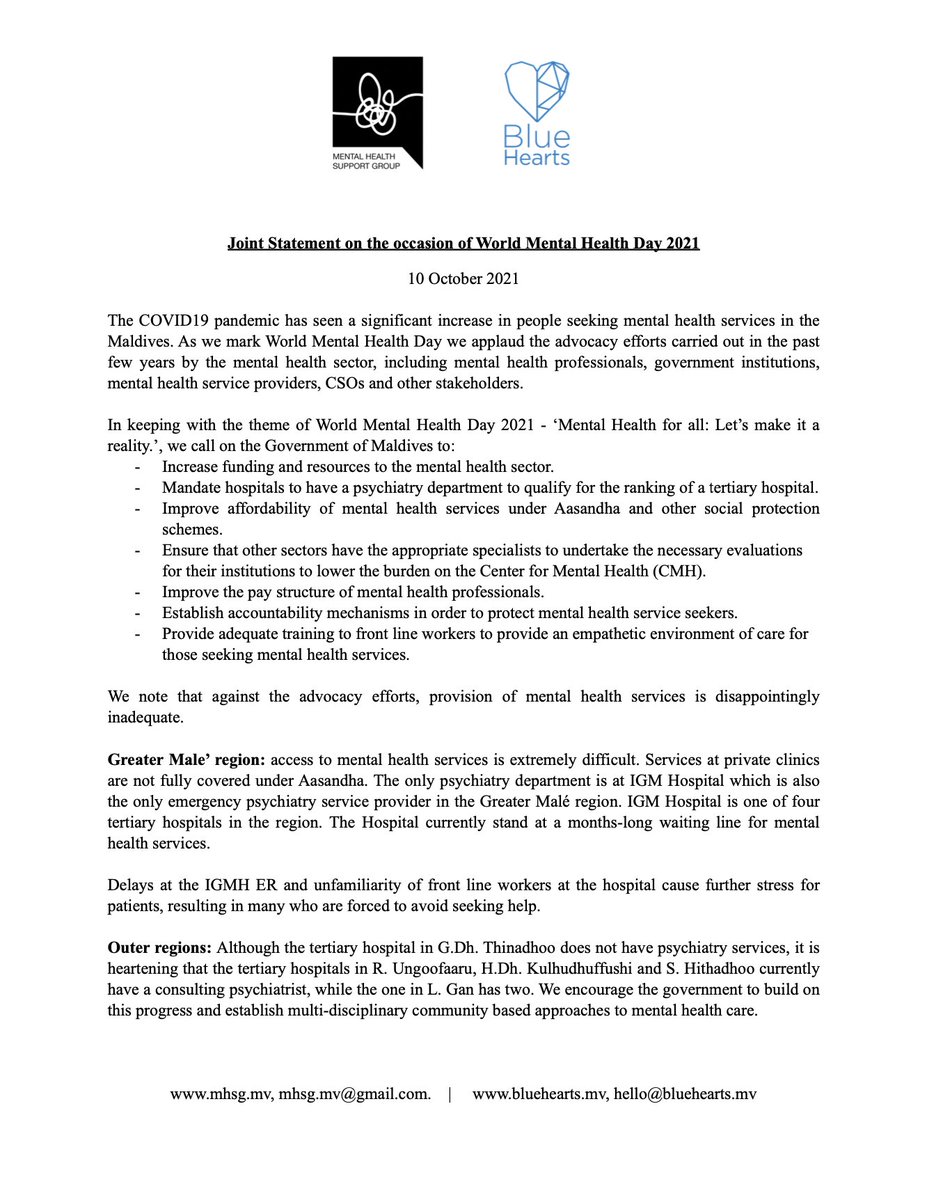 MhsgMv's tweet photo. Joint statement by @MhsgMv &amp; @BlueHeartsMV on the occasion of World Mental Health Day 2021.
https://t.co/Uc4CF18vU4

In keeping with the theme of World #MentalHealthDay 2021 - ‘Mental Health for all: Let’s make it a reality.’, we call on the Government of #Maldives to:
1/n https://t.co/cGiZQsDd3d