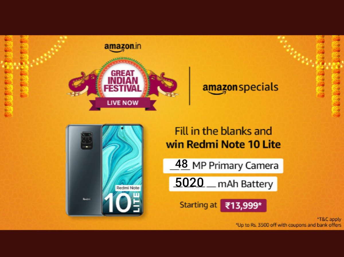 ManshiS34805223's tweet photo. @amazonIN #RedmiNote10Lite Full Features..
1) 48 MP Primary Camera
2) 5020 mAh Battery.
#AmazonGreatIndianFestival
#RedmiNote10LiteOnAmazon
#AmazonSpecialsRedmiNote10Lite
Join..
@ManshiS34805223
@IqooVishesh
@Nancysingh933
@ShivKum19974835
@Visheshsingh203 https://t.co/bufjW6MrXB