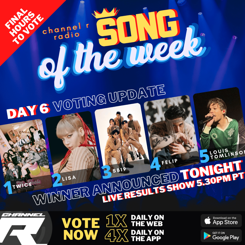 channelrradio's tweet photo. ⭐️Final hours to vote for the next #ChannelRSongOfTheWeek. Final update:
1 #TWICE
2 #LISA
3 #SB19
4 #Felip
5 #LouisTomlinson
6 #ZAYN
7 #HarryStyles
8 #LiamPayne
9 #SonTungMTP
10 #KatyPerry
Winner announced TONIGHT! Vote on the website + on our Radio App: https://t.co/jaa2PF8U0s