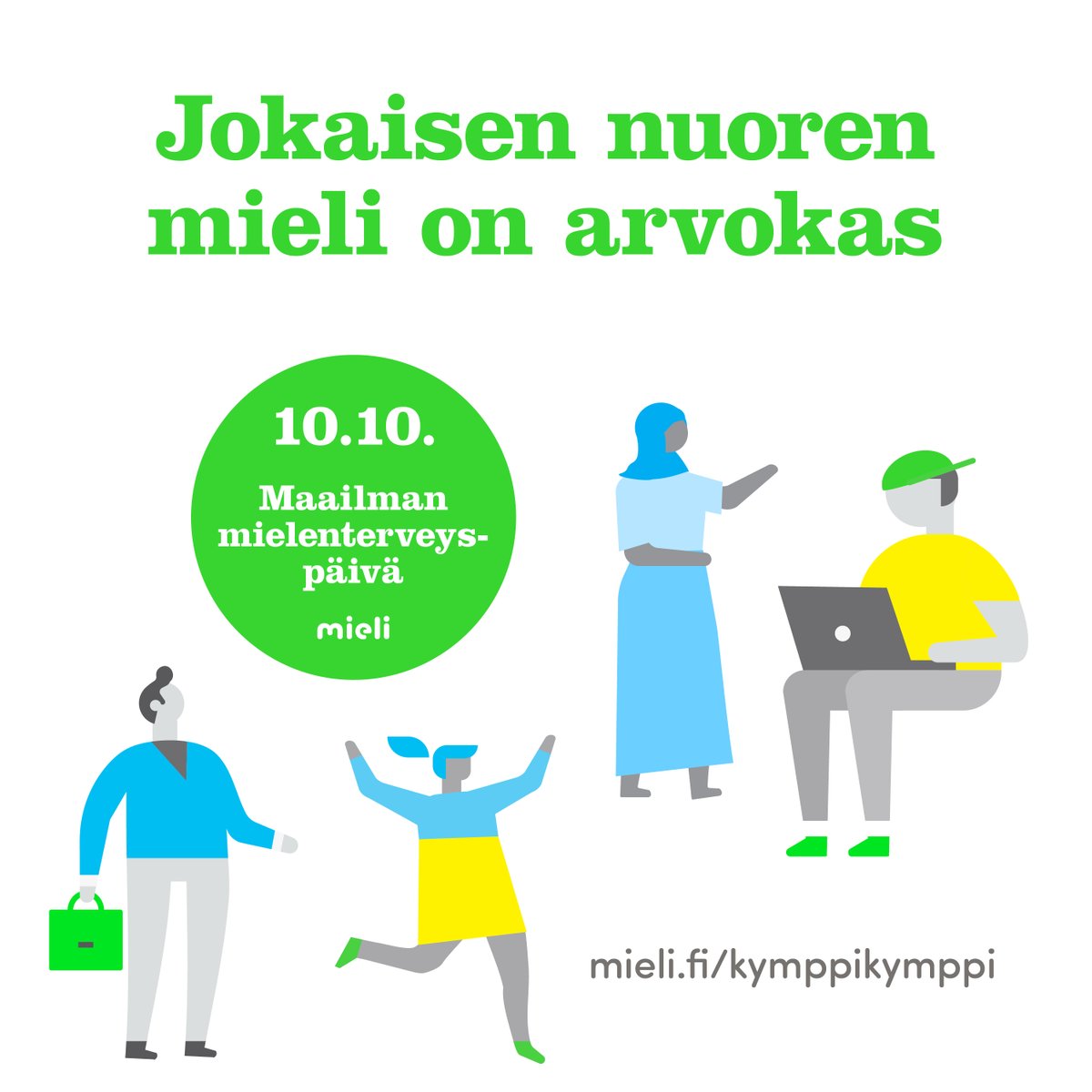 Tänään 10.10. on #maailmanmielenterveyspäivä. Näytämme yhdessä #vihreäävaloa yhdenvertaisuudelle ja muistutamme: 'Jokaisen nuoren mieli on arvokas!' 💚 Kohtaamalla nuoret aidosti voimme vahvistaa nuorten hyvinvointia koronakauden haasteiden jälkeen. mieli.fi/kymppikymppi