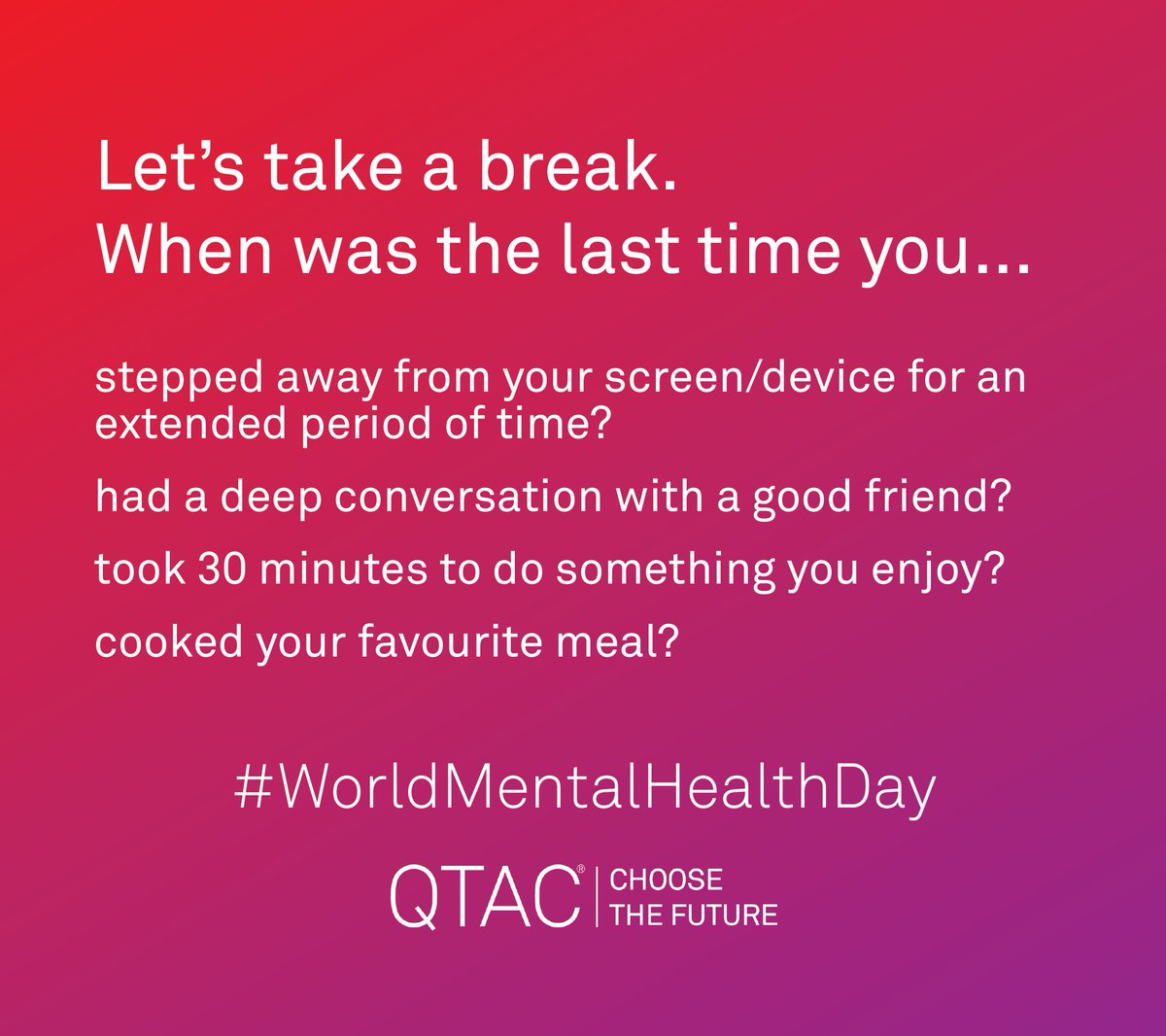 QTACinfo's tweet photo. It's #WorldMentalHealthDay today.
The World Health Organisation is has put together some amazing mental health resources for everyone to access here, take a look: https://t.co/JIOEF3hjSG
#QTAC #ChooseTheFuture #mentalhealth https://t.co/X3HibCieVQ