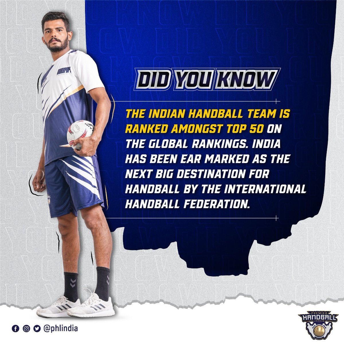 PHLIndia's tweet photo. #HandballTrivia The Indian Handball Team is ranked amongst top 50 on the global rankings. India has been ear marked as the next big destination for Handball by The International Handball Federation.
.
.
.
#HandballTrivia #Sports #League #PHL #PHLIndia #premierehandballleague https://t.co/FU6tGuoS1J
